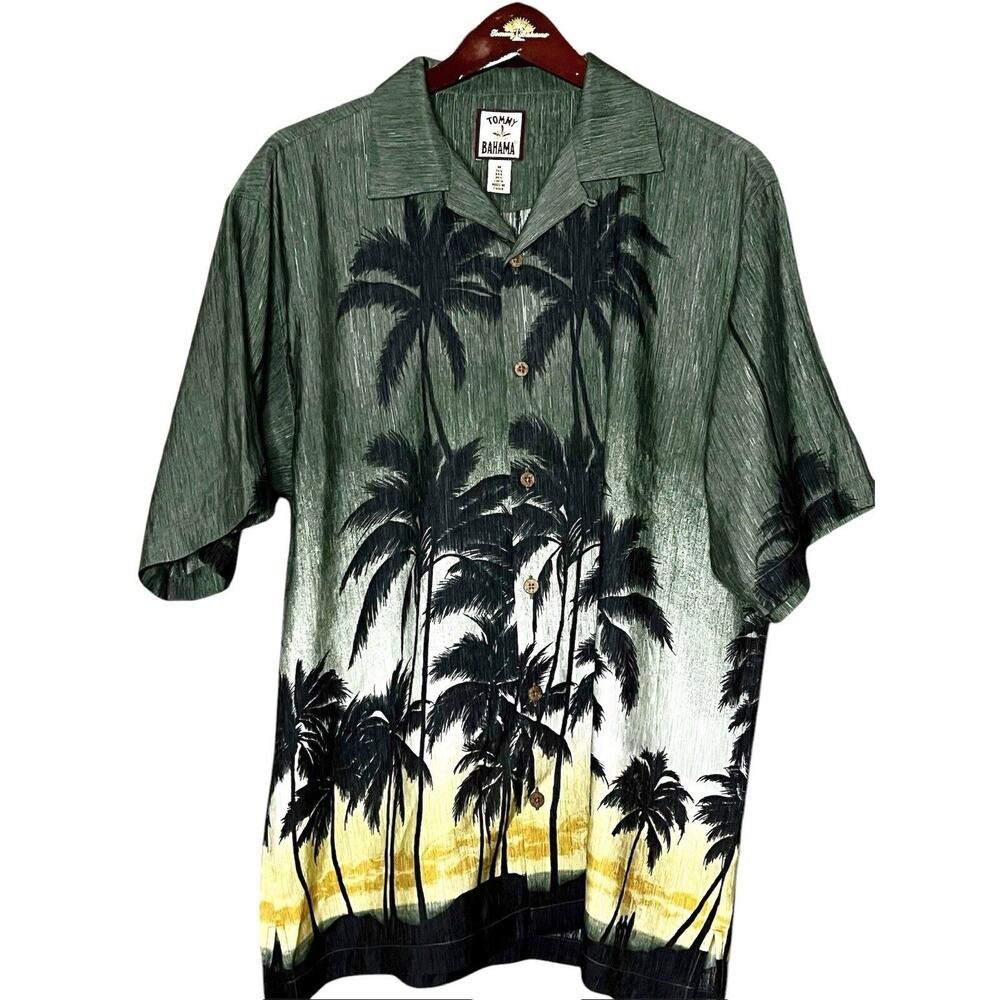 VTG TOMMY BAHAMA SHIRT CAMP SAGE GREEN SUNSET PALMS VINTAGE SILK LINEN MEDIUM M